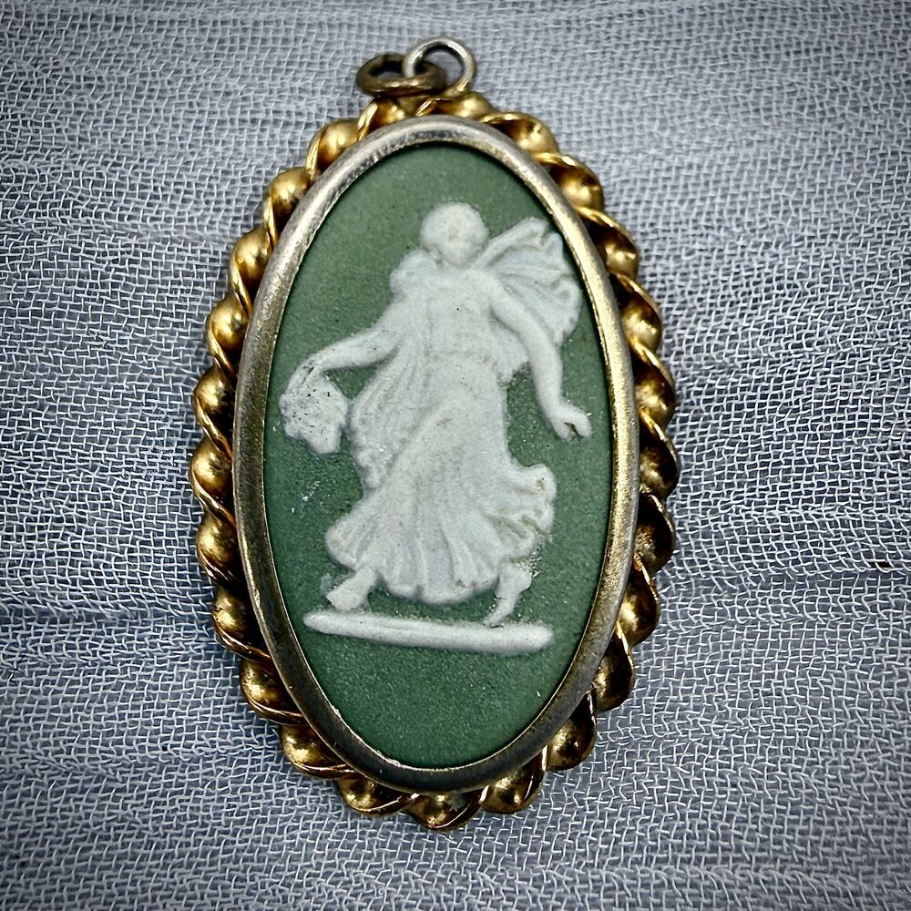 Authentic Vintage Wedgwood Sage Green Jasperware Cameo Pendant